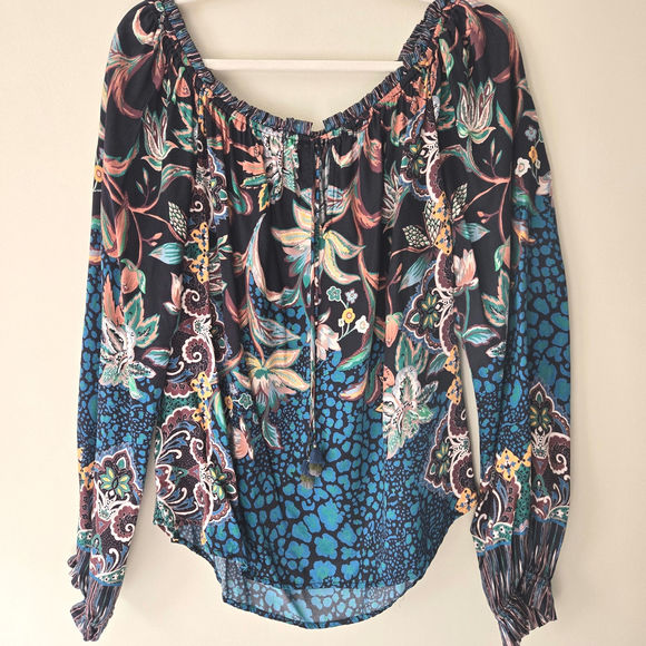Hale Bob Silk‎ Blend Off The Shoulder Floral Top Tassel Tie Long Sleeve Size L - Picture 2 of 10